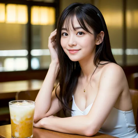 ((highest quality)), ((masterpiece)), (detailed), Perfect Face, Best-quality, Masterpiece, Ultra-High-Resolution, (Photorealistic:1.9), Raw-Photo, depth of field, professional-lighting, 1girl, the most famous Japanese idol, at cafeteria, extremely cute fac...