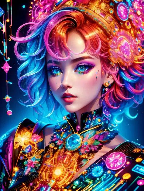 (neon)，circuit board，(1girl:1.3)，(beautiful girl:1.2)，(sailor moon fighting)，(short red messy hair)，kaleidoscope，(cyberpunk)，ste...