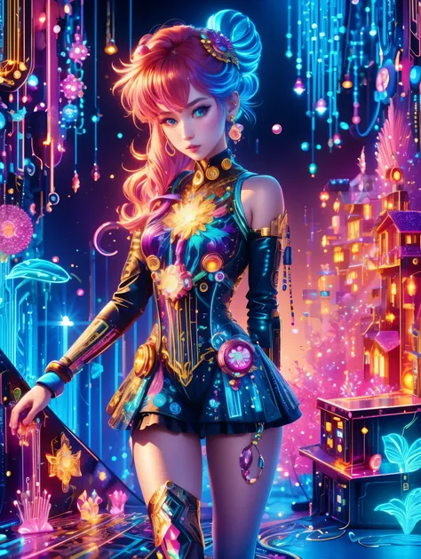 (Neon)，Circuit Board，(1girl:1.3)，(Beautiful Girl:1.2)，(Sailor Moon Fighting)，(Short red messy hair)，kaleidoscope，(Cyberpunk)，Steampunk，Dieselpunk and clockpunk，kaleidoscope采用热粉色，(Made of shiny gold plated and shiny silver plated)，Broken sparkling colored g...