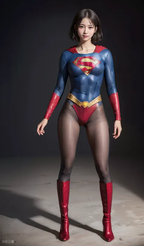 No background、(((Beautiful legs in black tights.)))、(((Legally express the beauty of your smile)))、((((Make the most of your original images)))、(((Supergirl Costume)))、(((beautiful short hair)))、(((suffering)))、(((Please wear black tights....、Wear red boot...
