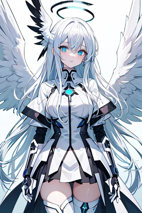 1girl, an anime girl with long white hair, anime art, an anime drawing, dull eyes, aqua eyes, tall woman, high quality, thin body, multiple wings, angel, six wings, hands behind back, head wings, glowing eyes, halo, black thighhighs, bright pupils, white c...