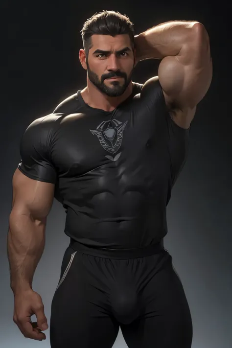 Obra maestra, mejor calidad, ultra detallado, 1 hombre, macho maduro, muscular, pedazo, bara, deportista, carne de res, negro skin, negro, piel bronceada, latino, 36 years old, negro hair, gray fur, barbas de chivo, cabello demasiado cortado, mirando al es...