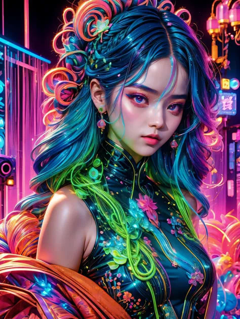 (Medium shot), (Neon)，Circuit Board，(1 Girl:1.3)，(Woman&#39;s hair is made of thin, colorful neon tendrils:1.7), (Long, colorful neon hair flows down her body), 她的头发由薄薄的彩色Neon卷须组成，Fits and covers her body，Form a piece of clothing, (Neon纤维:1.05), ((Neon串电缆)...