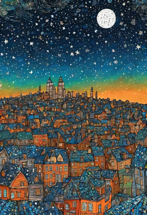 Star , Zentangle style city night scene. Starry sky, Detailed big city in the background, blue, orange, grey, green, Brown sky. myself, through tupu, Childish style host, Amazing wallpapers, At YFM!!