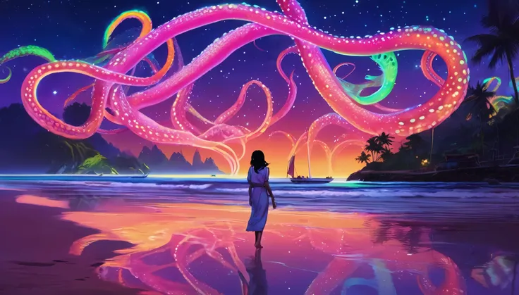 A (stunning nubile Malaysian woman strolling)(friendly fluorescent tentacle creatures) on a neon-lit beach under a starry, otherworldly sky