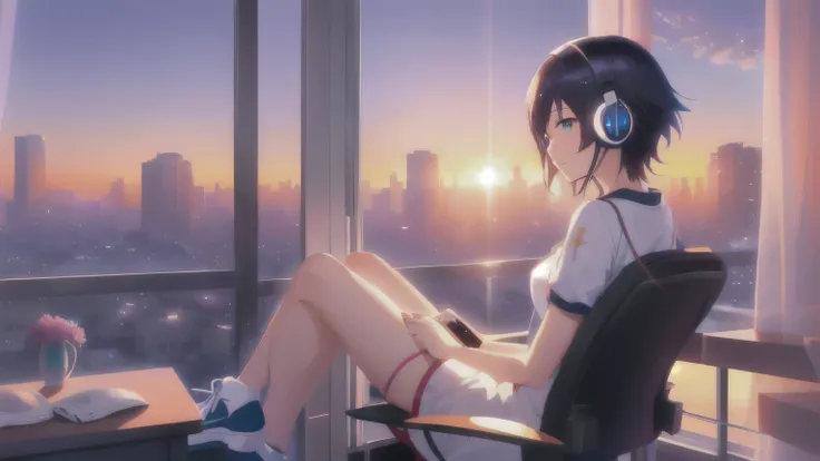 anime girl sitting in chair with headphones on looking out window, Watching the sunset. anime, makoto shinkai cyril rolando, Landscapes by Ilya Kuvshinov, 4k anime wallpaper, anime wallpaper 4 k, anime wallpaper 4k, Inspired by Atei Gailan, ultra hd anime ...