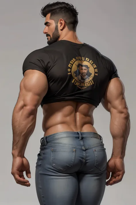 Obra maestra, mejor calidad, ultra detallado, 1 hombre, de espaldas,  macho maduro, muscular, pedazo, bara, deportista, carne de res, negro skin, piel bronceada, latino, 36 years old, negro hair, brazos definidos, gray fur, barbas de chivo, cabello demasia...