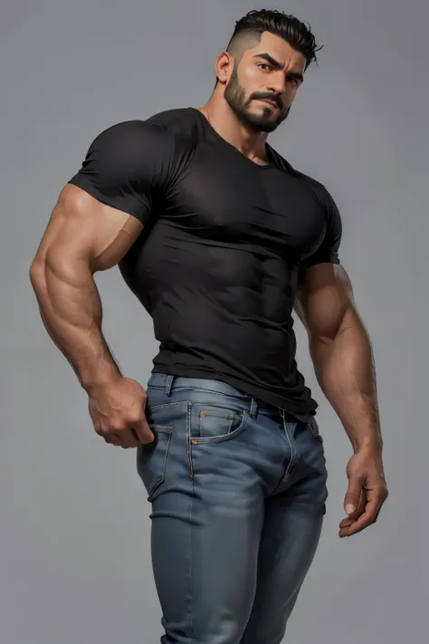 Obra maestra, mejor calidad, ultra detallado, 1 hombre, de espaldas,  macho maduro, muscular, pedazo, bara, deportista, carne de res, negro skin, piel bronceada, latino, 36 years old, negro hair, brazos definidos, gray fur, barbas de chivo, cabello demasia...