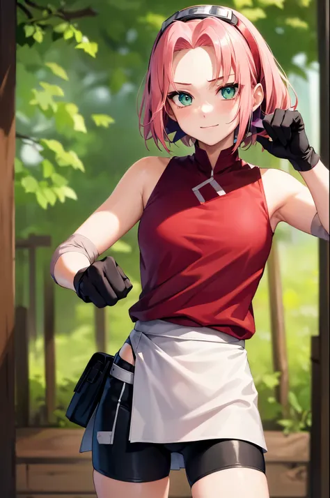 (masterpiece, best quality:1.2), expressive eyes, perfect face, highres, 1girl, solo, harunoshipp, hairband, forehead protector, sleeveless shirt, gloves, bike shorts, red blouse, black shorts, badass stance, slight smile, standing, upper body, looking at ...