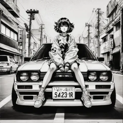 a drawing of a girl sitting on the hood of a car, shohei otomo, akira vibes, 8 0 s anime vibe, hyper detailed manga drawing, 8 0 s anime art style, akira japanese art, by Satoshi Kon, retro anime girl, akira style illustration, japanese manga style, tsutom...