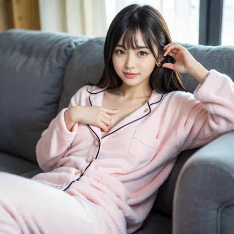 (((highest quality)), ((masterpiece)), (detailed), Best quality, Masterpiece, Ultra-High-Resolution, (Photorealistic:1.4), Raw-Photo, depth of field, professional-lighting), 1girl, the most famous Japanese idol, relaxing on sofa, wearing light-pink pajamas...