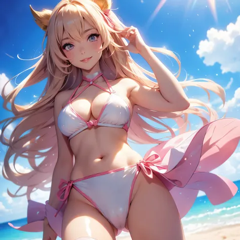 anime girl in a bikini posing on the beach,Pretty girl,latex Bikini,Realistic Bikini,anime moe artstyle,attractive anime girl,in a triangle bikini,seductive anime girl,anime girl,beautiful anime girl,sadistic smile,crazy smile dark,collarbone,open mouth,Sw...