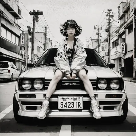 arafed image of a woman sitting on the hood of a car, shohei otomo, style of hajime isayama, kastuhiro otomo, in style of katsuhiro otomo, satoshi kon artstyle, akira japanese art, artist katsuhiro otomo, by Otomo Katsuhiro, katsuhiro - otomo, katsuhiro to...