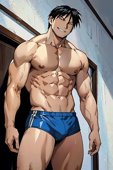 Roy Mustang from Full Metal Alchemist, wearing swimsuit, smug smile, bodybuilder, defined body, posing, shirtless, abs, big legs, white empty room