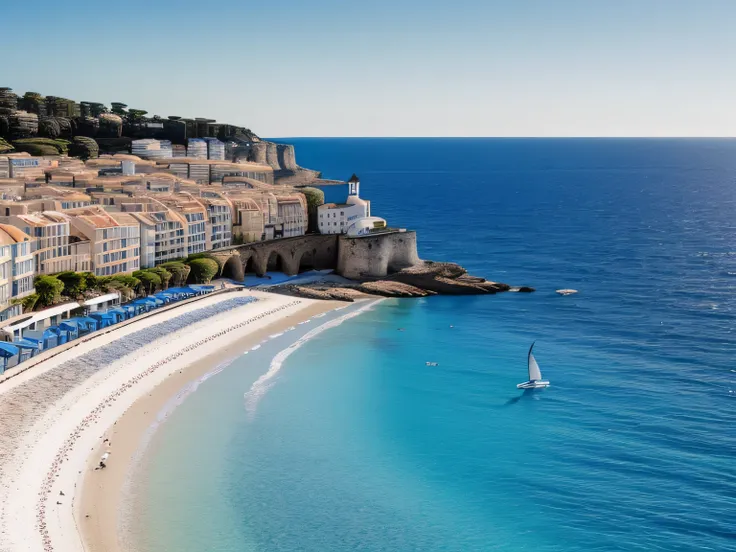 Blue Coast, Everyday life, calm sea, seagulls, Nice coast in France, contrast between blue sea and white sand, yacht, (best composition), (Masterpiece), (Best Quality),