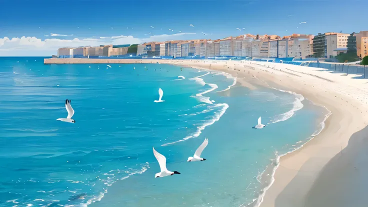 Blue Coast, Everyday life, calm sea, seagulls, Nice coast in France, contrast between blue sea and white sand, yacht, (best composition), (Masterpiece), (Best Quality),
