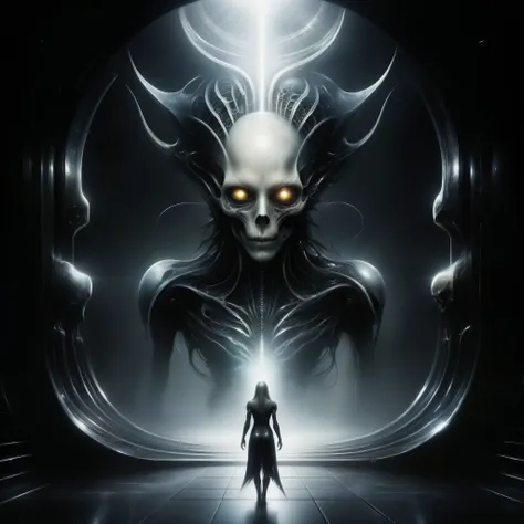 (eerie beauty:1.1,AI-composed music,surreal realm,twisted visions:H.R.Giger:1.1,unsettling creations:eerie atmosphere),dark and mysterious atmosphere,dramatic lighting,intense emotions,horror aesthetic,detailed and intricate landscapes,alien creatures with...