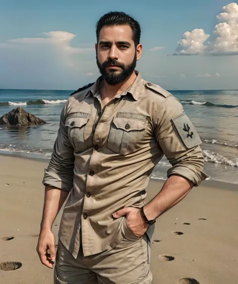 bearded man in military shirt, standing on the beach, looking very handsome, super polished and cool, medium shot of a handsome ...