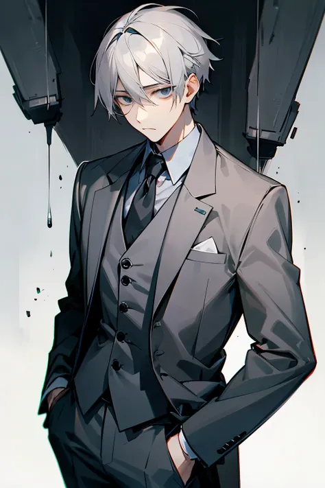 expressionless young man、Gray Hair、Wearing a suit、