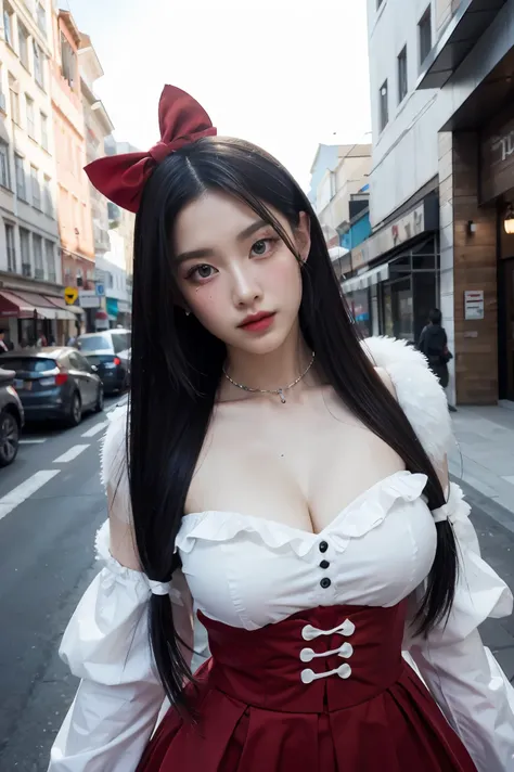 araffe dressed as a snow white with a red bow and a red bow, beautiful vampire queen, realistic cosplay, marceline from adventur...