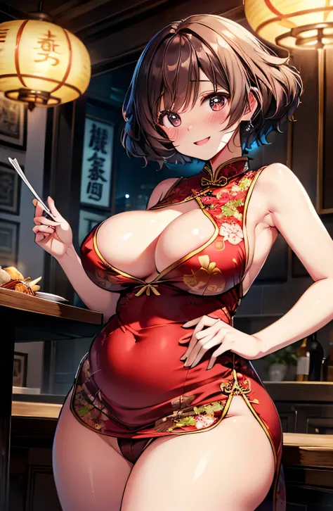 Anime illustration、highest quality、A short and plump gal、Luxurious atmosphere、Late Night、Chinese restaurant、Sexy red cheongsam、Perfect proportions、overwhelmingly big breasts、Beautiful, shining eyes、Cowboy Shot、Blushed、smile