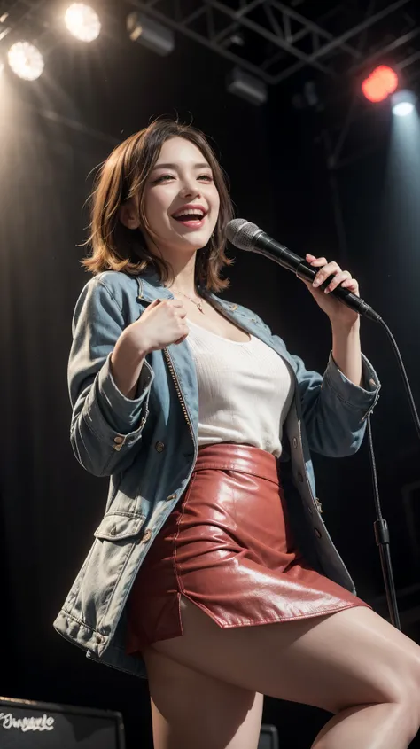 highest quality,masterpiece,Ultra-high resolution,(Actual:1.4),Original photo,Ultra-high resolution，8K，Flashy makeup with red eyeshadow，Big laughing smile，Short, side-wave style for delicate hair，Miniskirt concert costume，Jacket live costume，Girl Idol，Conc...