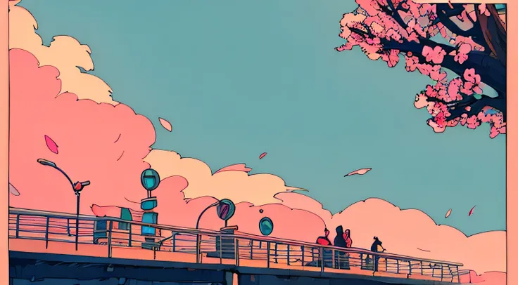 master piece, Pink and yellow sky, sunset, street light, Futuristic, yet, lofi, retro, vintage, Ghost, light smile, cherry blossoms, ((background only)), (( no human )), (( no person )),