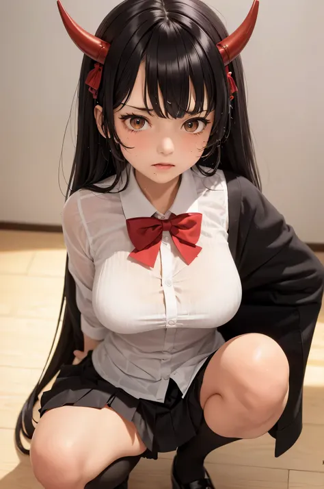 (masterpiece, best quality:1.2),illustration,8k,hd,1girl,solo,upper body,(portrait:1.2),horns,large breasts,very long hair,black hair,skirt,bow,pleated skirt,white shirt,red bowtie,short sleeves,collared shirt,parted bangs,white thighhighs,(summer sailor u...