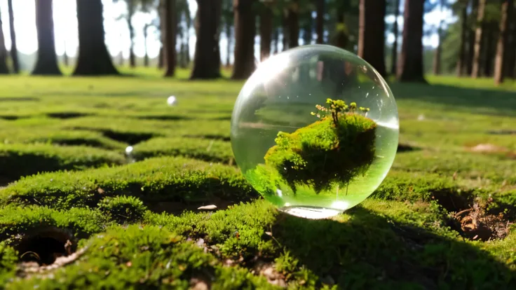 glass ball on moss, Against the background of the forest, distant shot