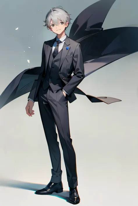 A fragile young man、Smile、Gray Hair、Wearing a suit、tie、To the tips of the shoes、Standing posture