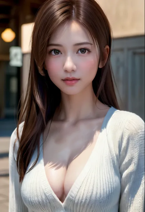 8K, of the highest quality, masutepiece:1.2), (Realistic, Photorealsitic:1.37), of the highest quality, masutepiece, Beautiful young woman, Pensive expression,、A charming、and an inviting look, Dobo dabo knitwear、cleavage of the breast, Hair tied back, Cine...