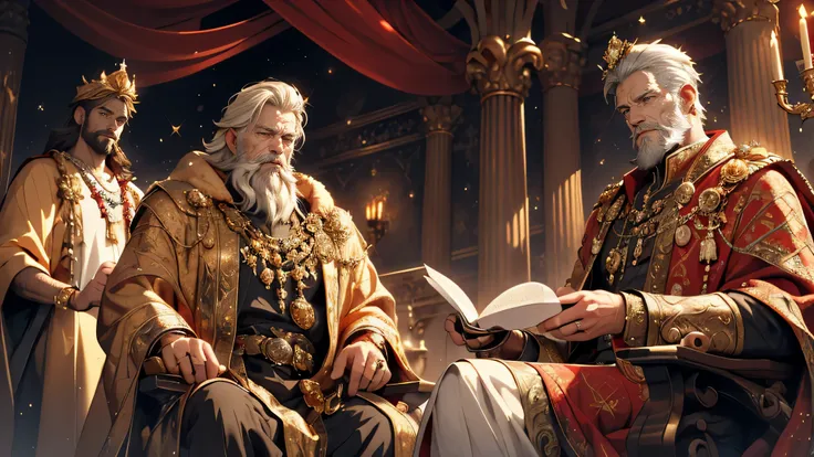 best quality,ultra-detailed,realistic,high-res, king,gold crown,old dwarf,white hair,white beard,penisvely,Sitting on throne,sullen expression,regal,aged,wisdom, wooden throne,golden ornaments,lush red velvet cushions,carved with intricate patterns,heavy g...