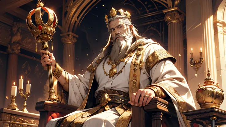 best quality,ultra-detailed,realistic,high-res, king,gold crown,old dwarf,white hair,white beard,penisvely,Sitting on throne,sullen expression,regal,aged,wisdom, wooden throne,golden ornaments,lush red velvet cushions,carved with intricate patterns,heavy g...