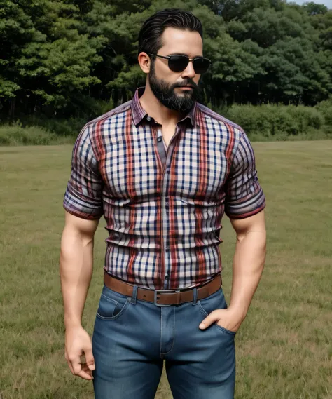 Obra maestra, desenfoque de campo, Parte superior del cuerpo, Hands in pants pockets , 38 year old man with beard and square sunglasses.. Man wearing a plaid shirt in an action movie with a Cosmos field in the background.