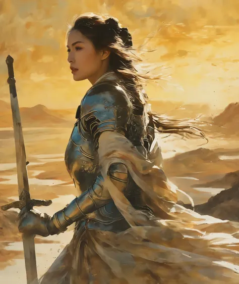 (best quality,4k,8k,highres,masterpiece:1.2),minimalist journey,anatomically correct,woman warrior,1sword,holding hilt,steel armor,flowing dark hair,confident expression,courageous posture,strong physique,elegant silhouette,dusty path,breathtaking landscap...