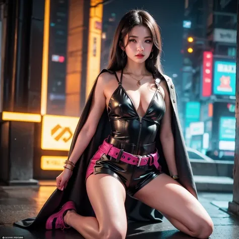 Anime style woman wearing green cape and black leather shorts, From League of Legends, Senna, Cyborg Punk Angry Gorgeous Goddess, European Cyberpunk, Cyberpunk style, Serve as a guard vanguard, Cyberpunk 2020 Model Girl, Cyberpunk clothing, Akali From Leag...