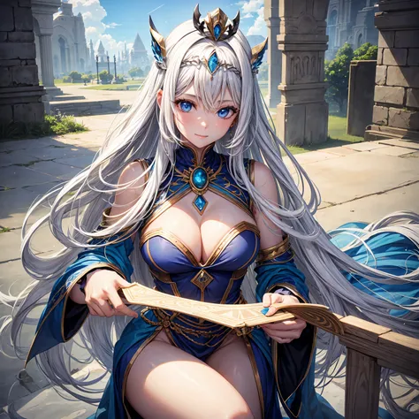 Whitening　Gray Hair　Long Hair　blue eyes　smile　tiara　green egyptian costume　beauty　sexy　Big Breasts　mature　whole　Mysterious　charm　Charming　pyramid　Beautiful breasts　fortune teller　Enchanting