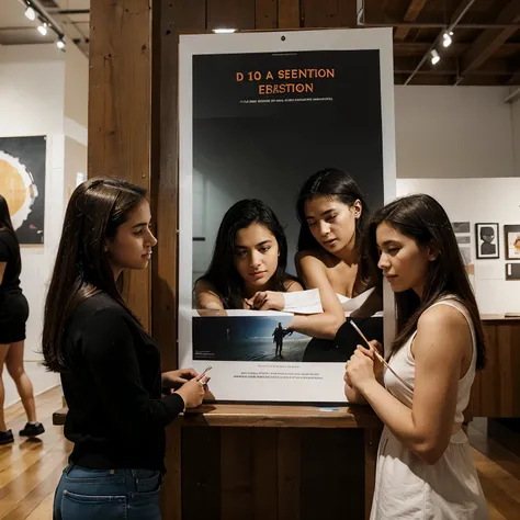 Four friends making a poster for an exhibition