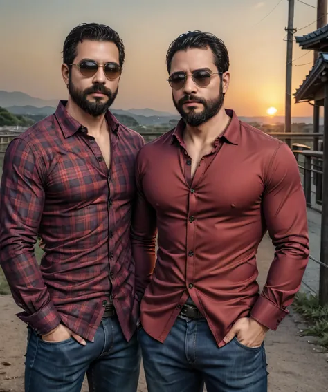 Obra maestra, desenfoque de campo, Parte superior del cuerpo, Hands in pants pockets , Two 38 year old men with beards and square sunglasses... Men dressed in a plaid shirt at an action movie in Japan with a sunset in the background.