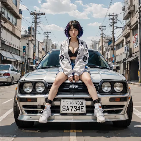 arafed woman sitting on the hood of a car in a city, anime style mixed with fujifilm, japanese streetwear, official artwork, e - girl, e-girl, akira vibes, ae 8 6, style of masami kurumada, takata yamamoto style, cyberpunk streetwear, 8 0 s anime vibe, she...