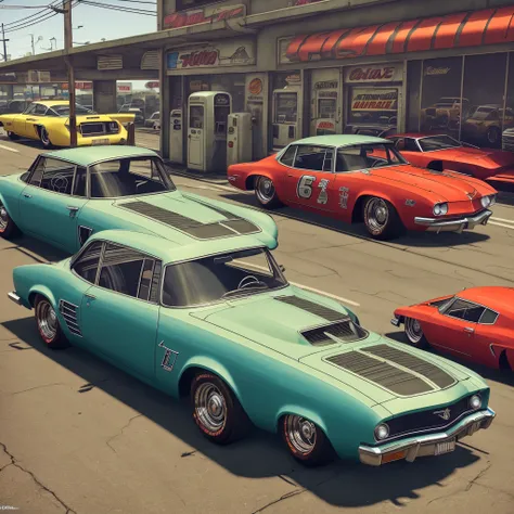 there is a car that is parked in front of a gas station, highly detailed hyper real retro, gta 6 style, super fine detail, lowrider style, futuristic dieselpunk street, gta5 style, gta v style, screen short from mafia 2, style of gta v, insanely fine detai...