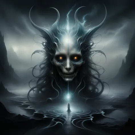 surreal and nightmarish realm, eerie AI-generated music, unsettling visions, H.R. Giger, detailed and eerie atmosphere, otherworldly landscape, haunting melodies, ethereal soundwaves, unearthly harmonies, twisted and distorted musical notes, supernatural e...