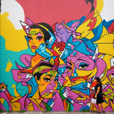 Mural, wall painting, graffiti on a wall. Graffiti mural with Brazilian women with gangster look with bandanas. Happy palette of colours. The cat is in the bag A girl is on the street looking at the mural. Scene illuminate