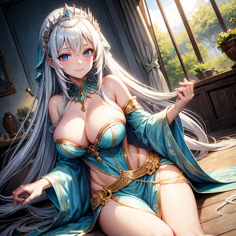 Whitening　Gray Hair　Long Hair　blue eyes　smile　tiara　green egyptian costume　beauty　sexy　Big Breasts　mature　whole　Mysterious　charm　Charming　pyramid　valley key　Beautiful breasts　fortune teller　Dawn Sky　