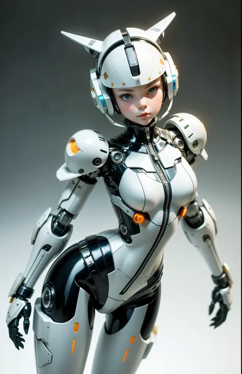 Very cute human 8 year old girl face, Doll-like body with robot arm, Robot hips and legs, Very cute and feminine, short, , small, Full Hips, Medium Bust, Snug-fitting white armor, Cleavage, a flat belly is visible, Helmet with antenna, robot joints, Very s...