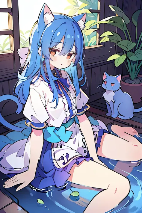 (masterpiece:1.2),ultra-detailed,realistic,expressive eyes,fair-skinned,perfectly shaped face,1girl,
Japanese cartoons,Gorgeous blue hair, flowing blue hair,floating clothes,cat ears,petals falling,beautiful Lola,Hina Angel,
hands on waist,gracefully sitti...