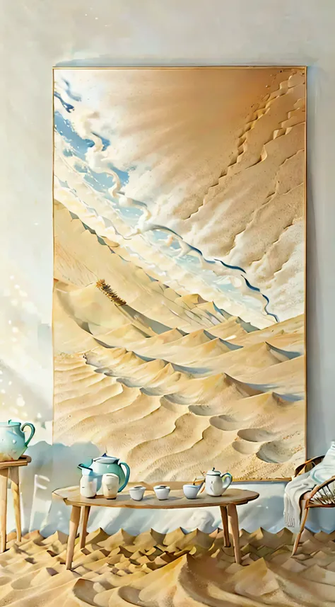 Close-up of the table，There was a bowl of fruit on the table, Canvas Art Prints, Sand color walls, sand spin, Carved marble texture silk cloth, Sand color, soft sand coastline, dune, White sand moon landscape, extremely fine sand, sand and sea, sand desert...