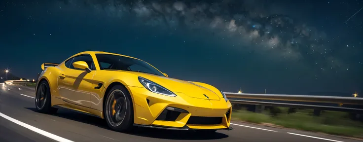 Light yellow sports car under the starry sky，Drifting on the highway，Drone aerial view，Strong sense of perspective，Super strong perspective composition，Outstanding Works，Authentic photography