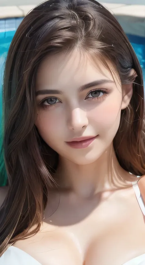 ((Realistic lighting, highest quality, 8k, masterpiece: 1.3)), Clear focus: 1.2, One Girl, Perfect beauty: 1.4, Slim Abs: 1.1, ((Dark brown hair)), nude、Take off your clothey chest is sticking out、 Poolside, Very beautiful face, Beautiful Eyes, double eyel...