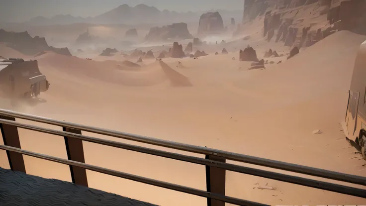 There is a photo of a desert scene，The photo shows a train running on the tracks, Dusty environment, Dusty Unreal Engine, Overlooking a desolate wasteland, overlooking martian landscape, Desert wasteland, Desert Environment, Somewhere in the desert, desert...